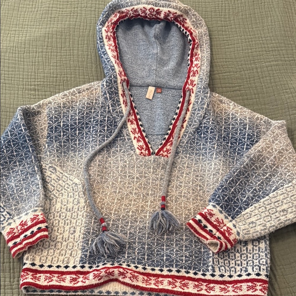 Anthropologie/ Pilcro Cozy Blue & Cream Nordic Hooded Sweater with Red Trim